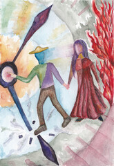 Watercolor sketch with a man and a woman holding hands in an abstract environment. A plot with figures of people and a clock hand. A metaphorical card for associative work with a psychologist.