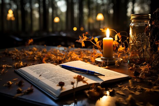 Candlelit setting with an open book surrounded by autumn leaves and warm light