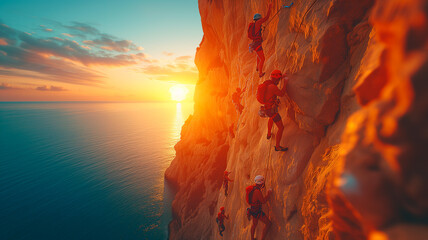 Group Rock Climbing at Sunset on Seaside Cliff