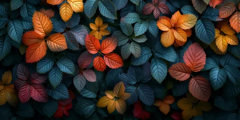 Fotobehang Viele schöne rote und blaue Herbstblätter als Hintergrundmotiv und Druckvorlage, ai generativ © www.freund-foto.de