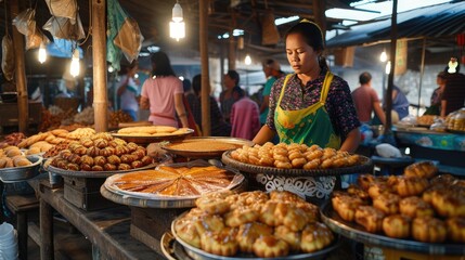 Fototapeta premium Myanmar's traditional dessert, divided into neatly arranged pieces for sale, crafted from sticky rice, offering a tantalizing glimpse into the country's rich culinary heritage and cultural flavors.