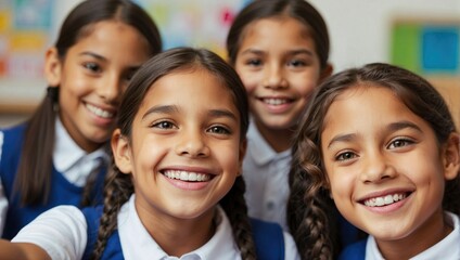 Fototapeta premium Close-up selfie of joyful Hispanic schoolgirls in uniforms smiling at the camera with a classroom background.