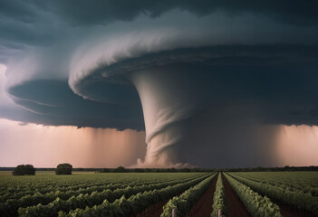 Tornado disaster - environment landscaped image. Nature power concept. Climate change. Weather illustration. Adventure travel conceptual photography style. Dramatic cloudscape. Cinematics light.