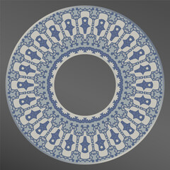 Elegant plate with an interesting geometric pattern in gray blue. Home decor, porcelain design. Frame.