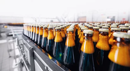 Foto auf Acrylglas Banner Beer brewery conveyor. Brown glass alcohol bottles move on production line, modern equipment industrial drink with copy space © Parilov