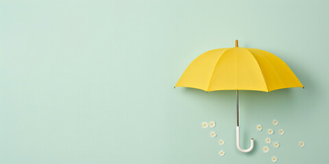 Yellow umbrella isolated on a green background with white flower petals falling next to it. - obrazy, fototapety, plakaty