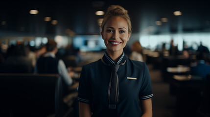Smiling Flight attendant in uniform looking at the camera in an airport