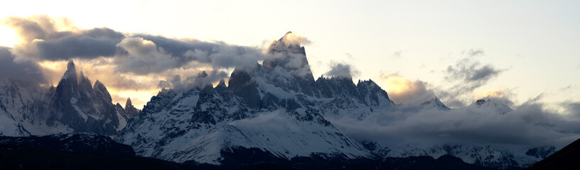 Peaks around El Chaltén city in National park Los Glaciares. Mountain range around Cerro Torre. Wild Patagonia during winter. 