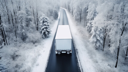 Obraz premium White truck driving along the road through the snowy forest on a cold winter day. Long-distance commercial transportation, delivery of goods in harsh climate. Back view. Copy space.