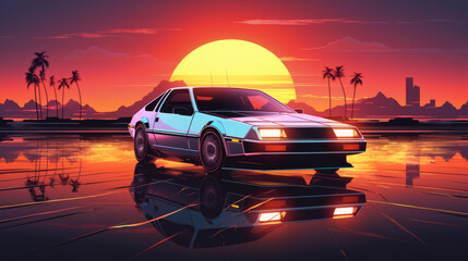 A sci-fi retro car on a sunset background - obrazy, fototapety, plakaty