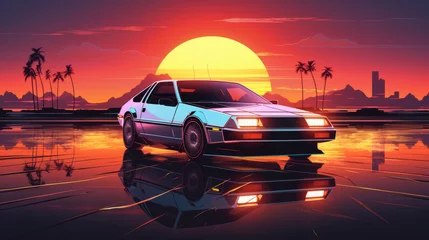 Selbstklebende Fototapeten A sci-fi retro car on a sunset background © CaptainMCity