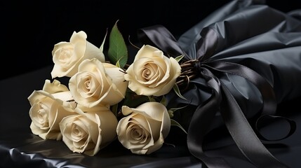 White roses with black ribbon on black background   mourning and remembrance floral arrangement