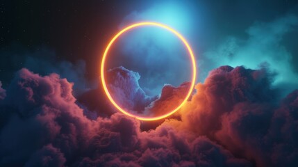 3d render, neon light rings illuminate the clouds with in the dark night sky. Round shining shape
