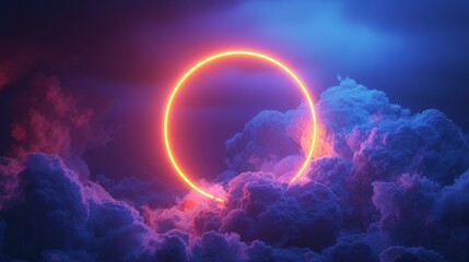 3d render, neon light rings illuminate the clouds with in the dark night sky. Round shining shape