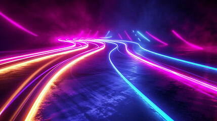 Fototapeta na wymiar Fantastic neon background with colorful speedway lines, resembling a glowing energy stream, power jet, and curvy ribbon