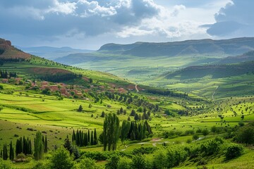 Fototapeta na wymiar Panorama sunny green slopes of Ifrane at Moyen Atlas mountains, Morocco