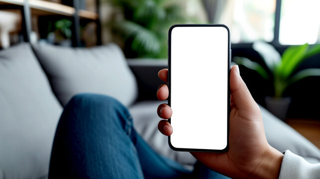 A man holds in his hand an advanced smartphone with a white screen. Close-up.