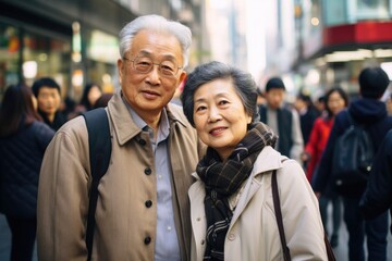 Amidst the city's energy, an impeccably dressed Asian couple enjoys a leisurely walk, their matching glasses adding a touch of refinement to their sophisticated look.