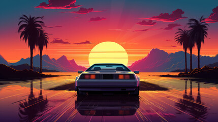 Fototapeta na wymiar A sci-fi retro car on a sunset background