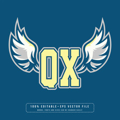 QX wings logo vector with editable text effect. Editable letter QX college t-shirt design printable text effect vector