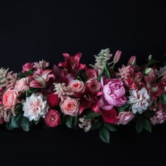 a bouquet of vibrant peonies, roses, tulips, lilies, and hydrangeas against a sleek black background, leaving ample space in the center for text, showcasing the beauty of these floral varieties.