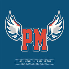 PM wings logo vector with editable text effect. Editable letter PM college t-shirt design printable text effect vector