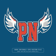 PN wings logo vector with editable text effect. Editable letter PN college t-shirt design printable text effect vector