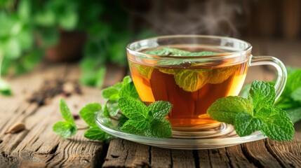 Portrait of Cup of hot tea with fresh mint leaves, Herbal drink concept. generative AI image