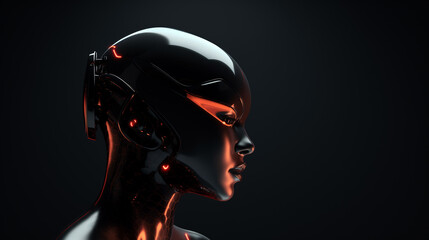Portrait of the female robot in a black helmet. The person in a profile close up on a black background. New modern technologies.
