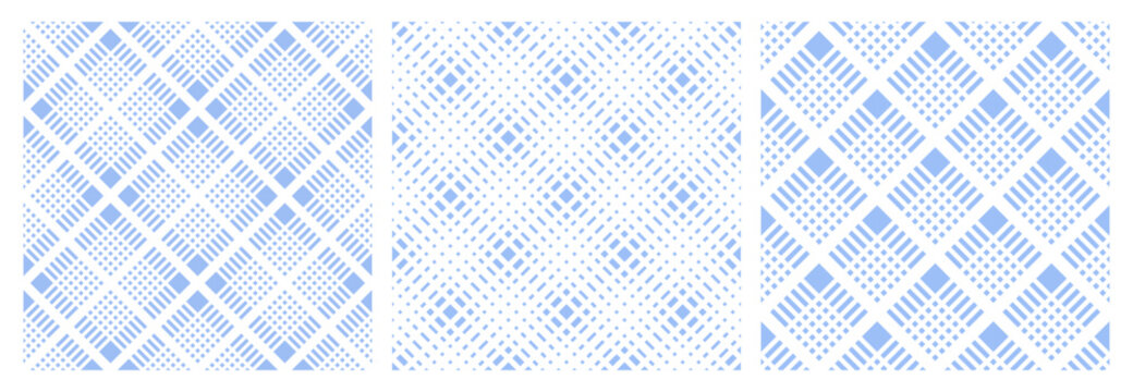 Set of Seamless Geometric Checked Light Blue Patterns.