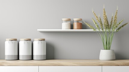 kitchen organization with white and light grey smooth ceramic jars meticulously arranged for cereals, neatly displayed on a kitchen shelf, radiating a sense of freshness and sophistication.