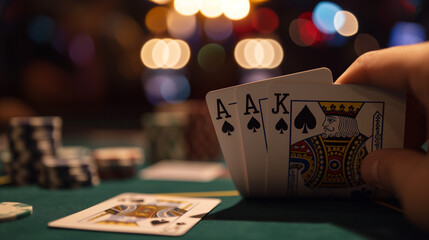 Strategic Blackjack Hand: Ace and King of Spades Close-up - High Stakes Casino Night with Colorful Bokeh, Poker Chips in Play and the Thrill of the Win