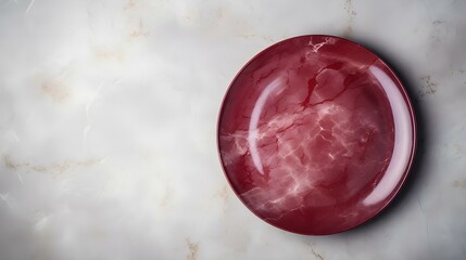 Top View of an empty Plate in burgundy Colors on a white Marble Background. Elegant Template with Copy Space
