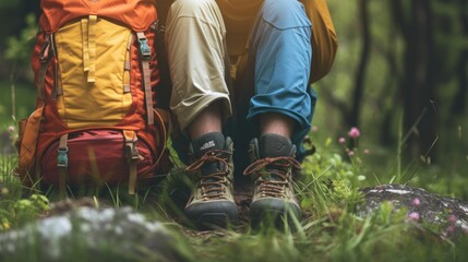 Summer Hiking gear in the Forest, Backpack and Trek Shoes for Climber Camping, Adventure Concept - obrazy, fototapety, plakaty