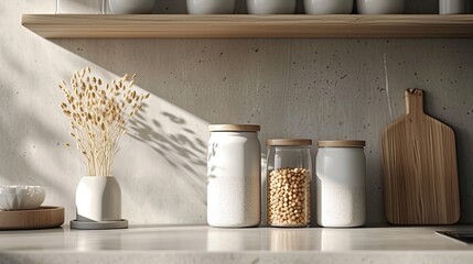 kitchen organization with white and light grey smooth ceramic jars meticulously arranged for cereals, neatly displayed on a kitchen shelf, radiating a sense of freshness and sophistication.