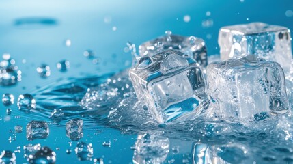 Close up of Ice cubes with melt water on blue background. Ice concept for drinks. generative AI