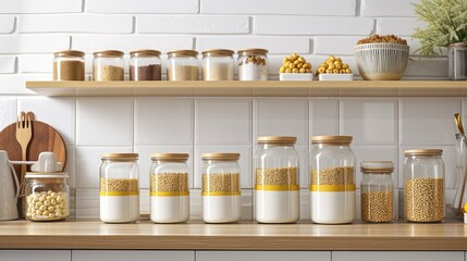 kitchen organization with white and light yellow smooth ceramic jars meticulously arranged for cereals, neatly displayed on a kitchen shelf, radiating a sense of freshness and sophistication.