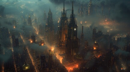Steampunk 3D metropolis with towering clockwork skyscrapers, steam-powered airships - obrazy, fototapety, plakaty