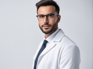 Man portrait of a doctor wearing a white coat and eyeglasses