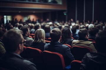 A focused audience sits in a conference hall, attentively looking towards the stage, capturing the essence of a professional gathering or seminar - obrazy, fototapety, plakaty