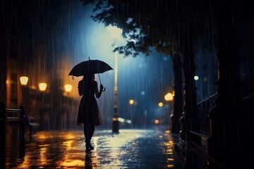 A lone person walks under an umbrella on a rain-soaked street, with the glow of street lamps reflecting on the wet pavement creating a moody and atmospheric scene