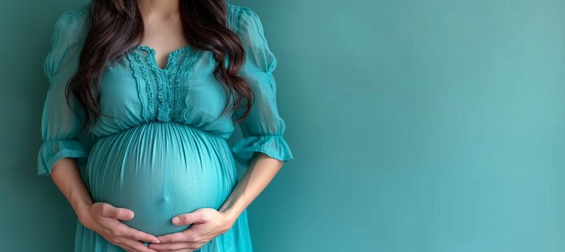 Comprehensive health check up of pregnant woman in clinic with solid background   space for text