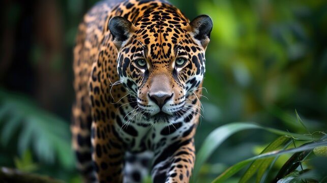 Portrait of a Jaguar in the American forest, Panthera is a species of wild cat. generative AI image
