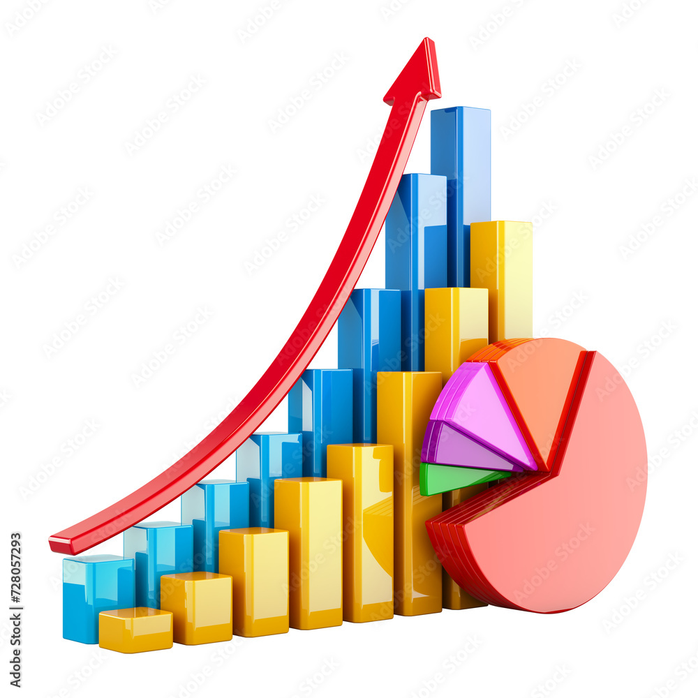 Poster colored craphs, pie charts, diagrams, bars with growth arrow. 3d rendering isolated on transparent b