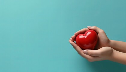 Hands holding red heart on blue background for medical concept and healthcare support