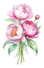 bouquet of pink peonies isolated on white transparent background, botanical herbal watercolor illustration for wedding or greeting card, wallpaper, wrapping paper design, textile, scrapbooking