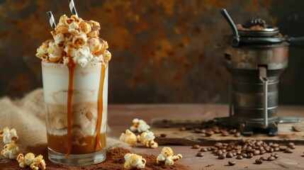 Sweet Milkshake with caramel syrup, caramel popcorn and coffee grinder on the table. generative AI - obrazy, fototapety, plakaty