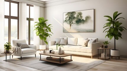 a minimalist interior with a realistic photo showcasing a living room. Feature a soft sofa, coffee table, lamp, and greenery bathed in ample lighting