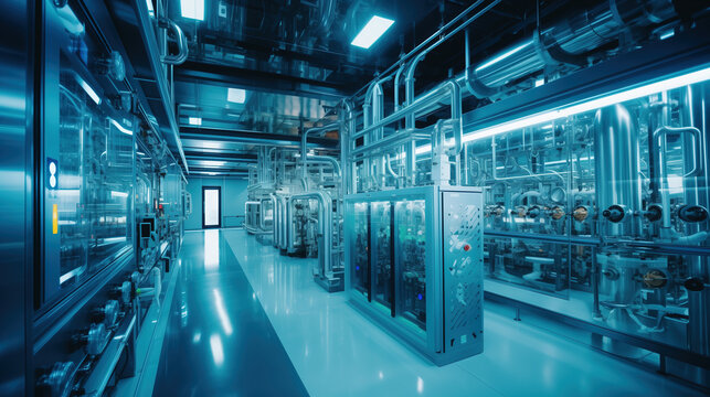Large brightly lit hall with modern industrial equipment and metal pipes. Interior of a production factory using advanced technology.