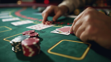 Intense Casino Moment: Close-up of Gambler's Hand Dealing Cards on Blackjack Table with Stacks of Red Poker Chips, Shallow Depth of Field Capturing the Thrill of the Bet